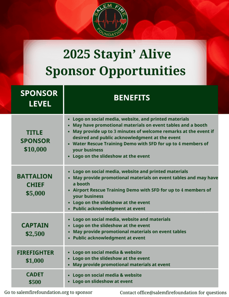 2025 Stayin Alive Sponsorship Levels